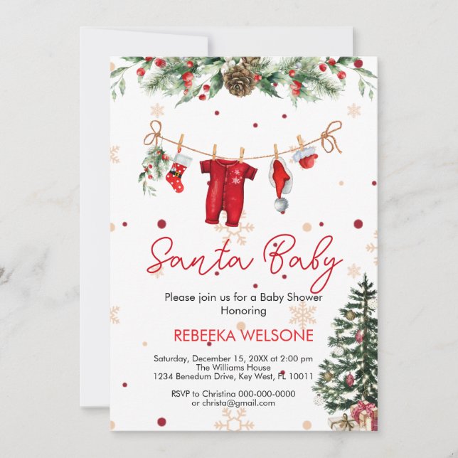 Red santa baby christmas baby shower invitation (Front)