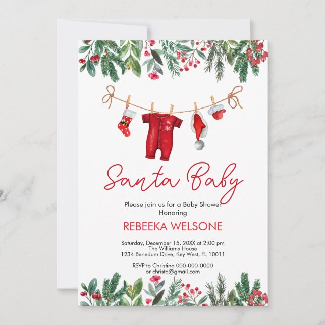 Red santa baby christmas baby shower invitation (Front)