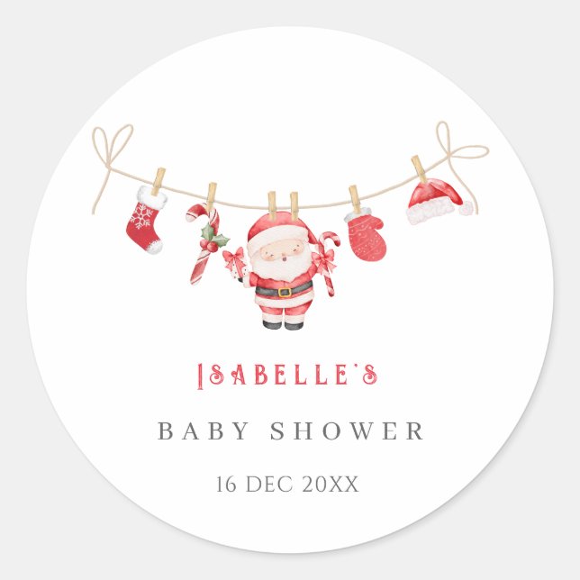 Red Santa Baby Christmas Baby Shower Stickers (Front)