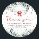 Red Santa Baby Christmas Clothesline Baby Shower Classic Round Sticker<br><div class="desc">Add a festive touch to your baby shower with our Red Santa Baby Christmas Clothesline Baby Shower Classic Round Stickers! Featuring cute red baby clothes hanging on a Christmas-themed clothesline, these round stickers are perfect for sealing envelopes, decorating favour bags, or adding a holiday charm to your baby shower decor....</div>