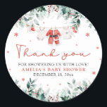 Red Santa Baby Christmas Clothesline Baby Shower Classic Round Sticker<br><div class="desc">Add a festive touch to your baby shower with our Red Santa Baby Christmas Clothesline Baby Shower Classic Round Stickers! Featuring cute red baby clothes hanging on a Christmas-themed clothesline, these round stickers are perfect for sealing envelopes, decorating favour bags, or adding a holiday charm to your baby shower decor....</div>