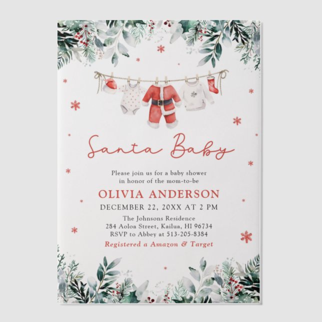 Red Santa Baby Christmas Clothesline Baby Shower Vellum Invitations (Front)