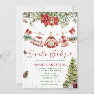 Red Santa Baby Christmas Clothlines Baby Shower Invitation