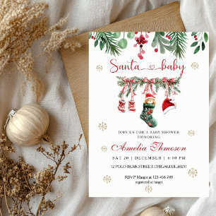 Red Santa Baby Clothesline Christmas baby shower Invitation