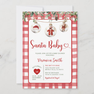 Red Santa Baby Shower Clothesline Christmas Floral Invitation