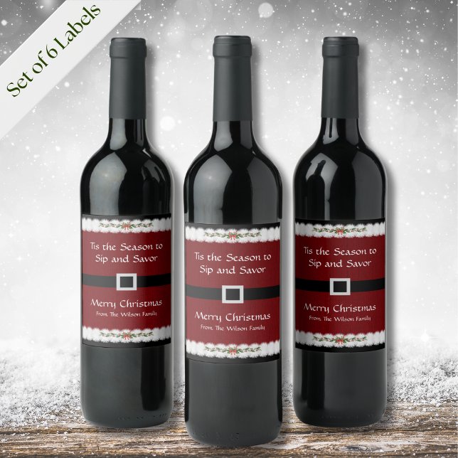 Red Santa Belt Christmas Wine Bottle Label Set (Personalize and give as a unique gift for a host, or as a fun touch for a corporate holiday party)