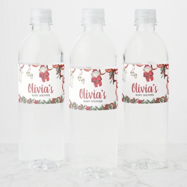 Red Santa Christmas Baby Shower  Water Bottle Label (Bottles)