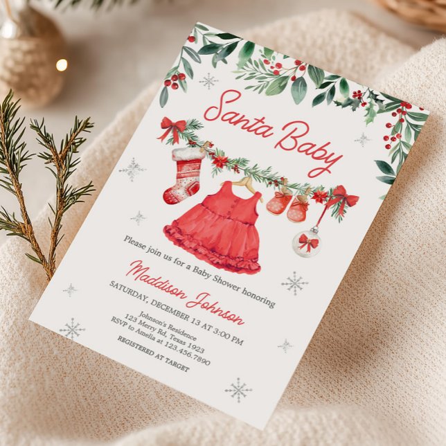 Red Santa Christmas Festive Baby Shower Invitation (Santa Baby Clothesline Baby Shower Invitation)