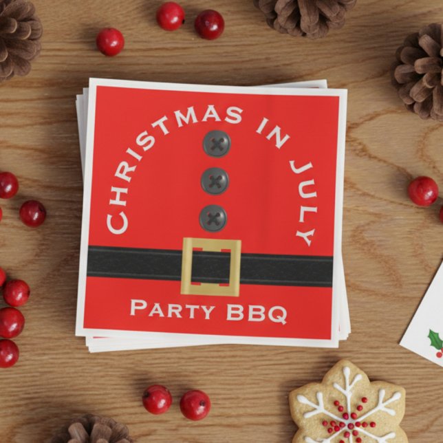 Red Santa Christmas in July Custom Napkins (Transform your holiday party table effortlessly! Add your text)