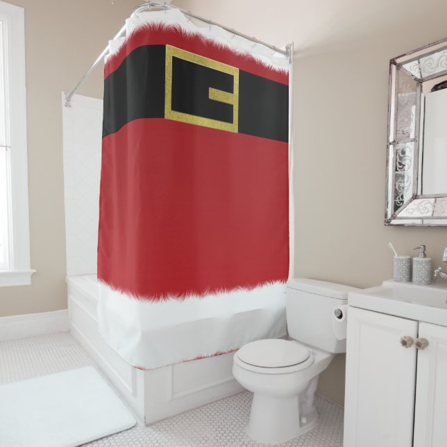 Red Santa Claus Belt & White Fur Christmas Holiday Shower Curtain (In Situ)
