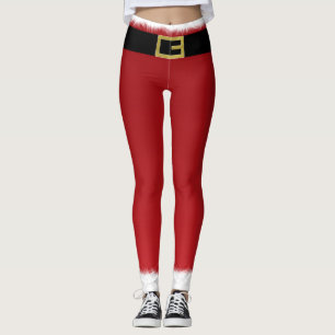 Red Santa Claus Belt & White Fur Holiday Christmas Leggings