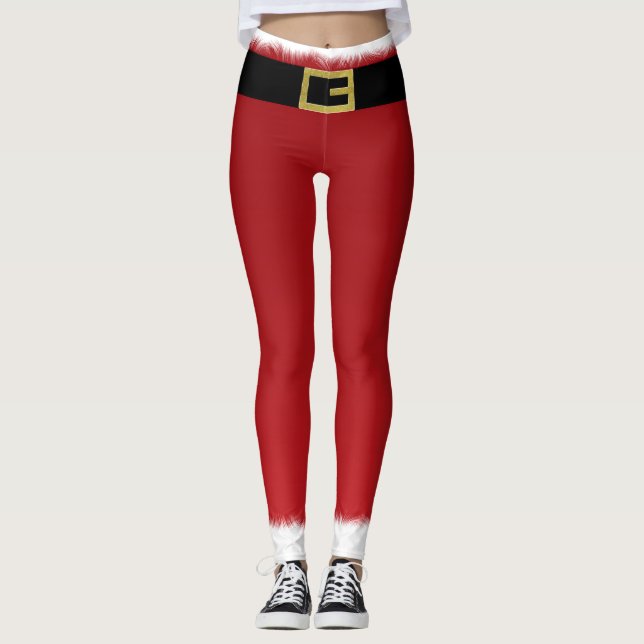 Red Santa Claus Belt & White Fur Holiday Christmas Leggings (Front)