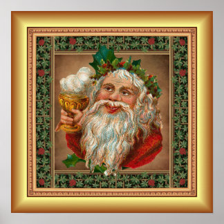 Red Santa Claus - Holiday Drink - Gold Background Poster