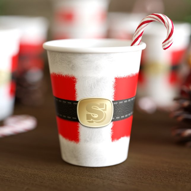 Red Santa Costume Christmas Holiday Paper Cups (Fun and festive red and white paper cup inspired by Santa's suit. Just add your initial)