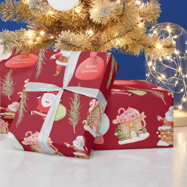 Red Santa Gingerbread House Holiday Wrapping Paper (Holidays)