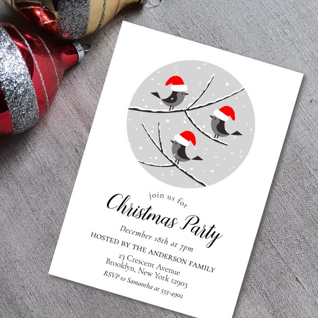 Red Santa Hat Birds Christmas Party Invitation (Creator Uploaded)