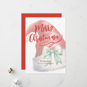 Red Santa Hat Green Bow Personalised Holiday Card