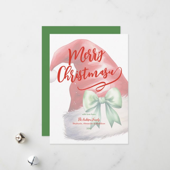 Red Santa Hat Green Bow Personalised  Holiday Card (Front/Back In Situ)