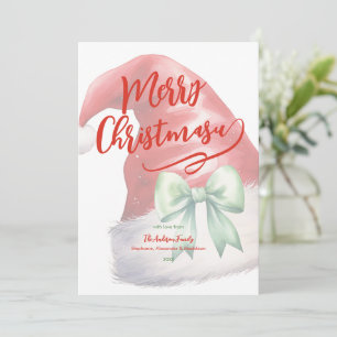 Red Santa Hat Green Bow Personalised Holiday Card