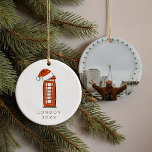 Red Santa Hat London Telephone Christmas Photo  Ceramic Tree Decoration<br><div class="desc">Whimsical Christmas tree ornament featuring a London Telephone Box illustration topped with a Santa Hat as a special festive touch. Turn it over and add your favourite photo from your London trip as a special momento! Original art and design by Annie Montgomery Design.</div>