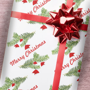 Red Santa Hat Ornaments on Pine Branch Christmas Wrapping Paper