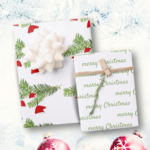 Red Santa Hat Pine Branches Merry Christmas Wrapping Paper Sheet