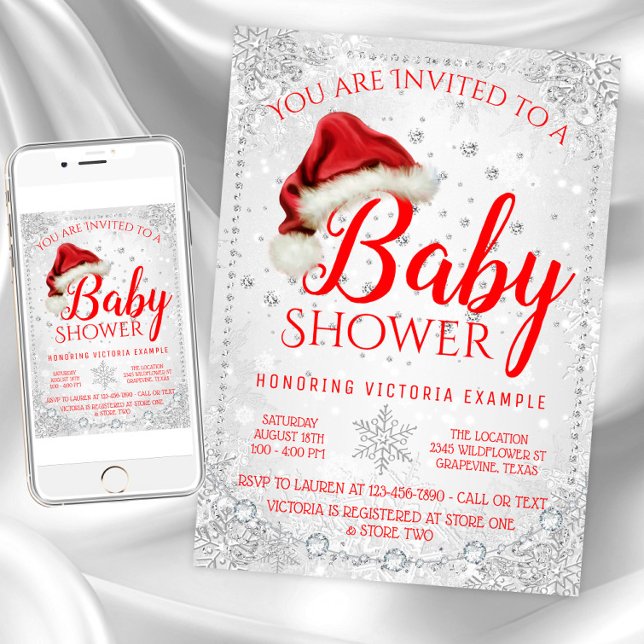 Red Santa Hat Snowflake Christmas Baby Shower Invitation (Christmas baby shower invitation. Instant download and printed invitations available.)
