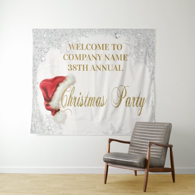 Red Santa Hat Snowflake Christmas Party Backdrop Tapestry (In Situ (Horizontal))