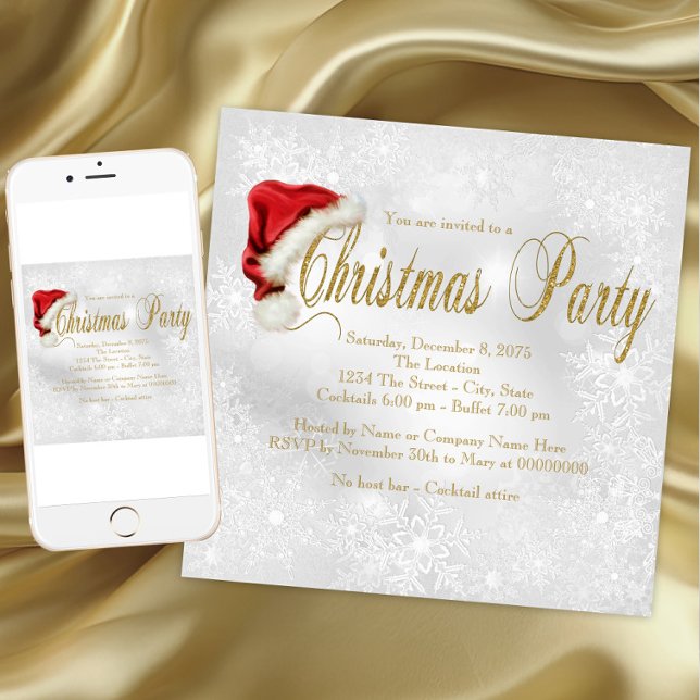 Red Santa Hat Snowflake Christmas Party Inivtation Invitation (Red Santa Hat Snowflake Christmas Party. Instant download and printed invitations available.)