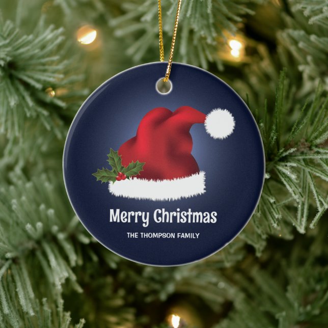 Red Santa Hat With Christmas Holly On Blue Ceramic Tree Decoration (Tree)