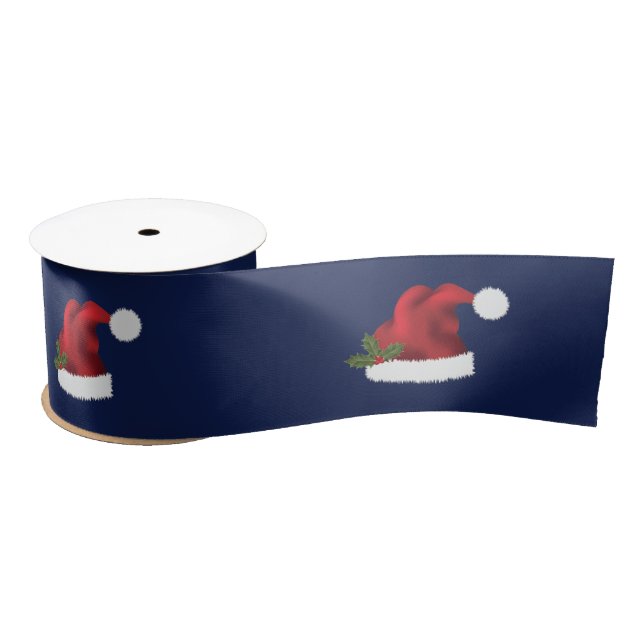Red Santa Hat With Christmas Holly On Blue Satin Ribbon (Spool)