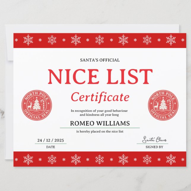 Red Santa Nice List Christmas Award Certificate (Front)