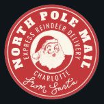 Red Santa reindeer delivery Christmas sticker<br><div class="desc">A Christmas postal style sticker for gifts. The design says North Pole Post around the border in red and cream with space for extra text that you can either leave blank, add a special date or add your location for Santa’s delivery.The centre of the sticker has an illustration of a...</div>