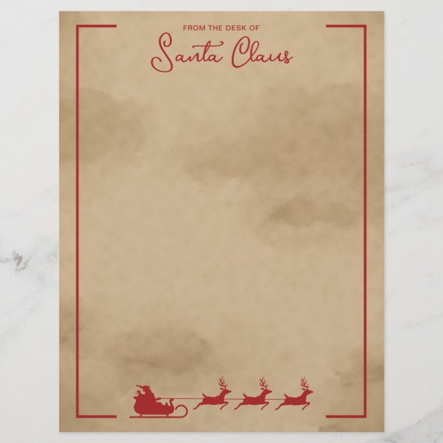 Red Santa Sleigh On Faux Old Worn Paper Look Custom Letterhead (Front)