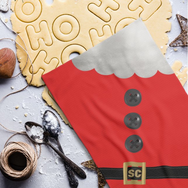 Red Santa Suit Monogram Christmas Kitchen Towel (Fun and festive kitchen towel for your holiday kitchen. Add your initials)