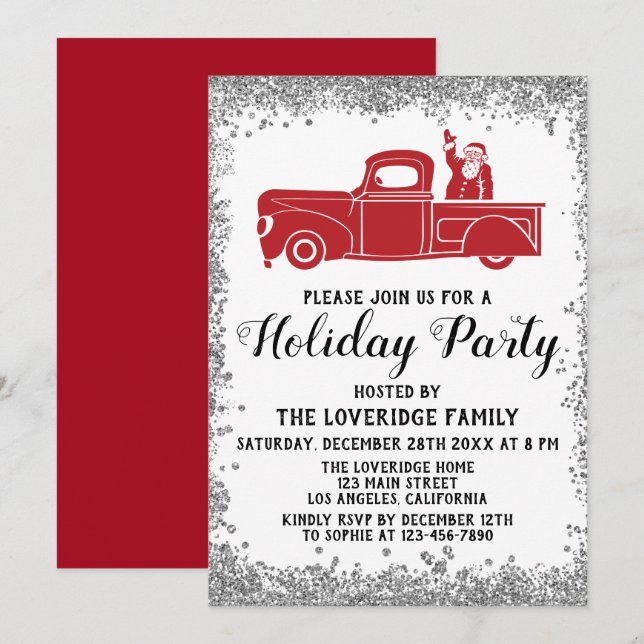 Red Santa Truck Christmas Holiday Party Silver Invitation (Front/Back)