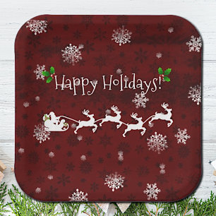 Red Santa's Sleigh and Reindeer Paper Plate