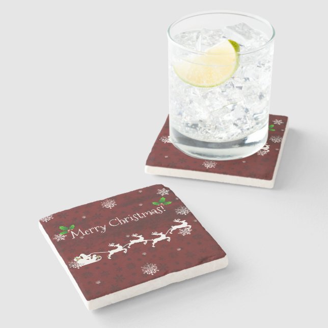 Red Santa's Sleigh and Reindeer Stone Coaster (Side)