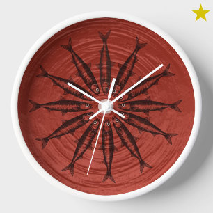 Red Sardine Drawing Sketch Fish Pattern Clock