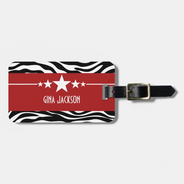 Red Sassy Star Zebra Luggage Tag (Front Horizontal)