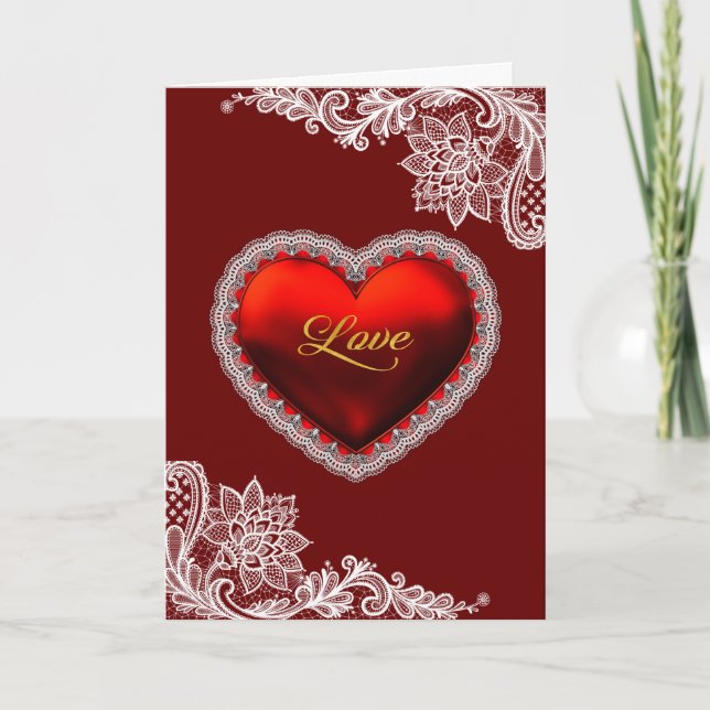 Red Satin Heart White Lace Valentine's Day Holiday Card (Front)