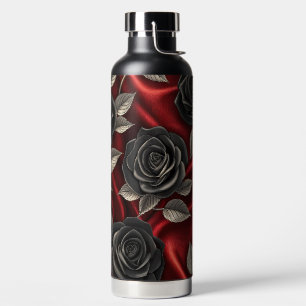 RED SATIN LOOK WITH BLACK GOTHIC ROSES WATER BOTTLE