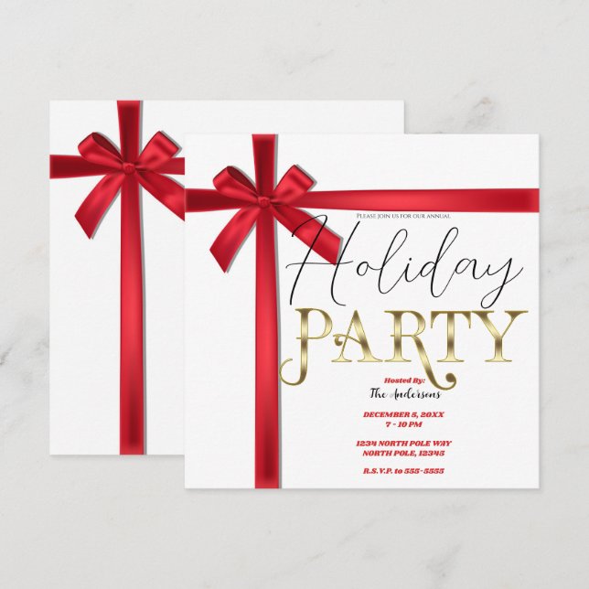 Red Satin Ribbon Bow Christmas Holiday Party Invitation (Front/Back)