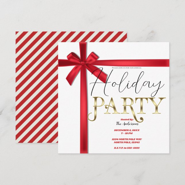 Red Satin Ribbon Bow Christmas Holiday Party Invitation (Front/Back)