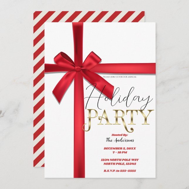Red Satin Ribbon Bow Christmas Holiday Party Invitation (Front/Back)