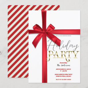 Red Satin Ribbon Bow Christmas Holiday Party Invitation