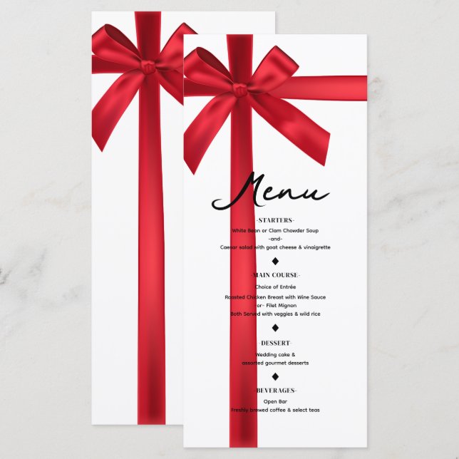 Red Satin Ribbon Bow Christmas Holiday Party Menu (Front/Back)