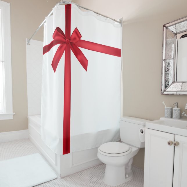 Red Satin Ribbon Bow Christmas Holiday Party Shower Curtain (In Situ)