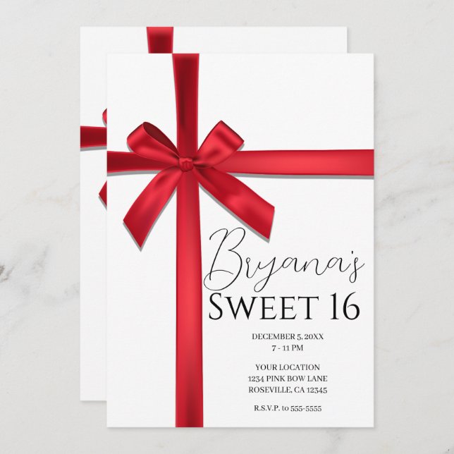 Red Satin Ribbon Bow Sweet 16 Birthday Party  Invitation (Front/Back)