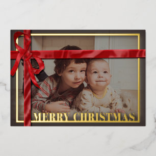 Red satin ribbon family photo Christmas Gold Foil Holiday Card